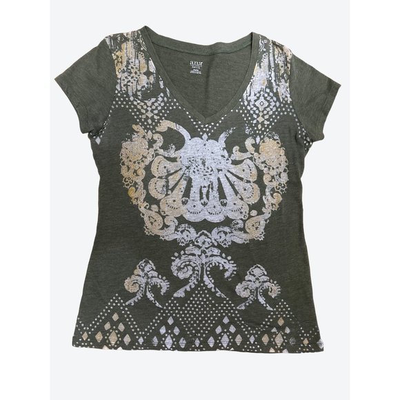 A.N.A. A New Approach Olive Green Y2K Grunge Short Sleeve Blouse Size PM - Picture 5 of 9